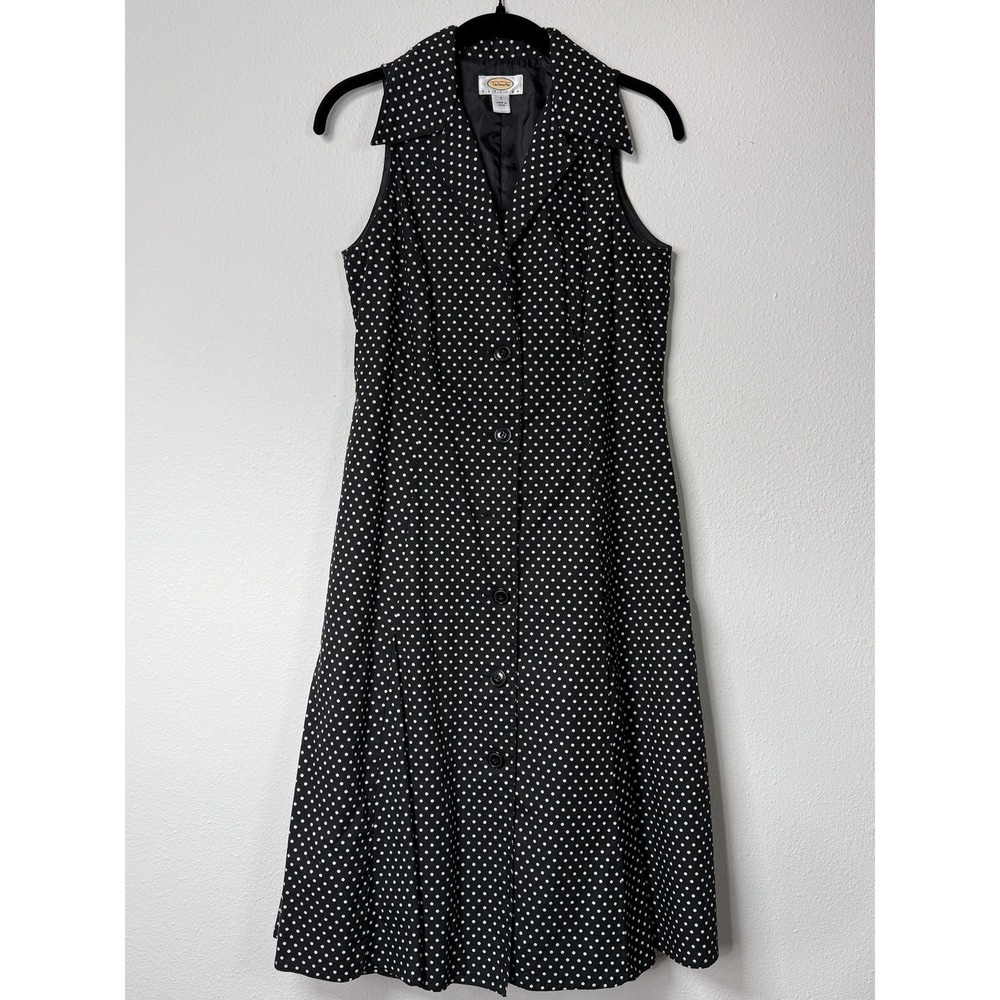 Talbots Petites 90's Black White Polka Dot Sleeveless Button Front Midi Dress 2P